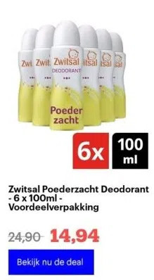 Bol.com Zwitsal poederzacht deodorant - 6 x 100ml - voordeelverpakking aanbieding