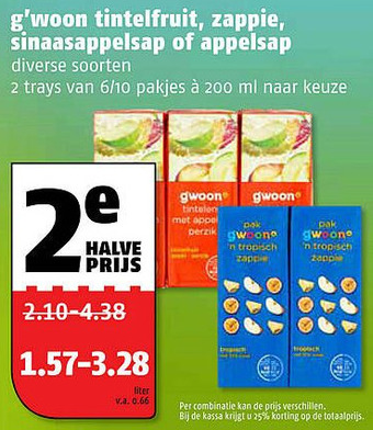 Poiesz g'woon tintelfruit, zappie, sinaasappelsap of appelsap aanbieding