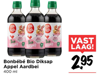 Vomar Voordeelmarkt Bonbébé Bio Diksap Appel Aardbei 400 ml aanbieding