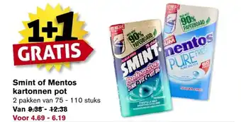 Hoogvliet Smint of mentos kartonnen pot 75-110 stuks 1+1 gratis aanbieding