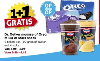 Hoogvliet Dr. oetker mousse of oreo, milka of mars snack 100g 1+1 gratis aanbieding