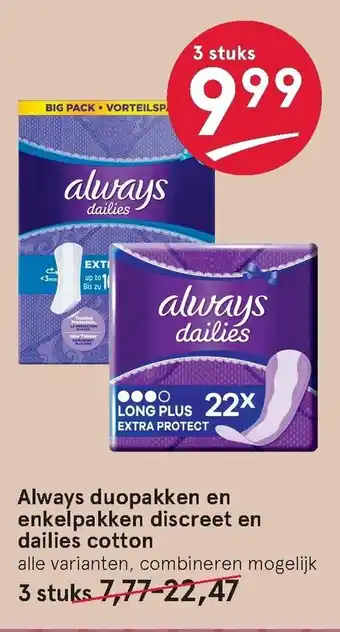 Etos Always duopakken en Always enkelpakken Discreet en Dailies Cotton 3st aanbieding