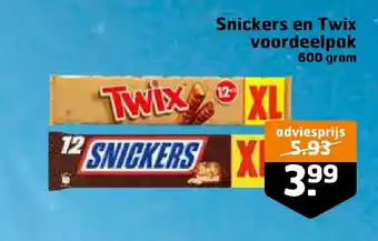 Trekpleister Snickers en twix voordeelpak 600g aanbieding