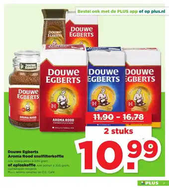 PLUS Douwe Egberts Aroma Rood snelfilterkoffie of oploskoffie 2 stuks aanbieding