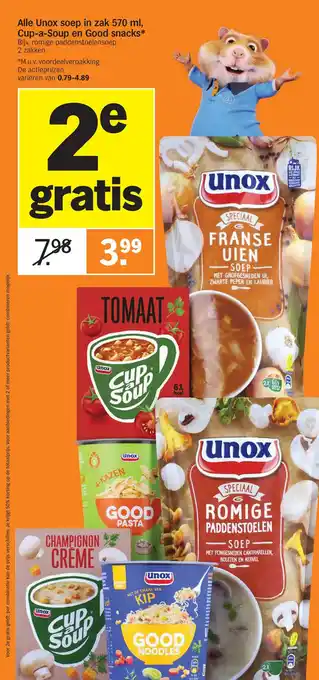 Albert Heijn Alle unox soep in zak 570 ml, cup-a-soup en good snacks* aanbieding