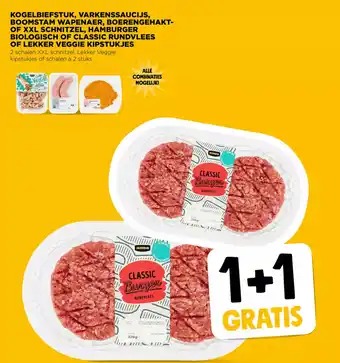 Jumbo Kogelbiefstuk, varkenssaucijs, boomstam wapenaer, boerengehakt-of xxl schnitzel, hamburger biologisch of classic 1+1 gratis aanbieding