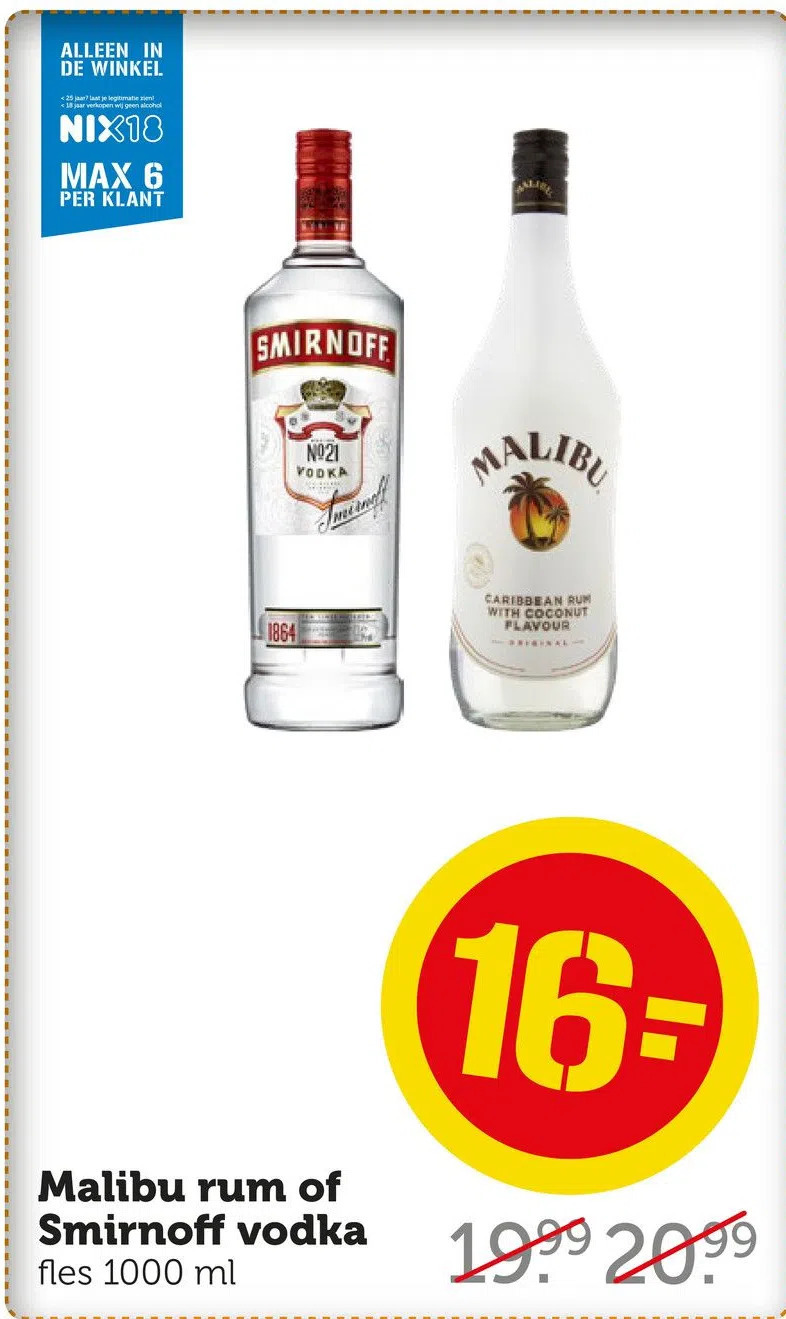 Malibu rum of smirnoff vodka aanbieding bij Coop