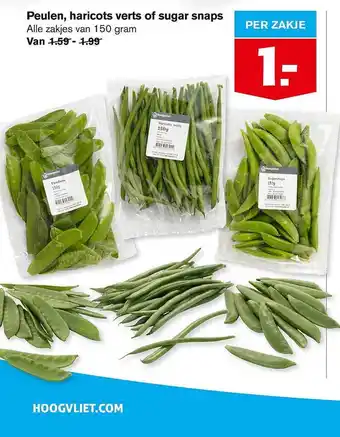 Hoogvliet Peulen,haricots verts of sugar snaps 150 gram aanbieding