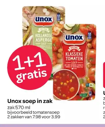 Spar Unox soep in zak 570 ml 1+1 gratis aanbieding