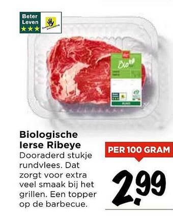 Vomar Voordeelmarkt Biologische Ierse ribeye 100 gram aanbieding