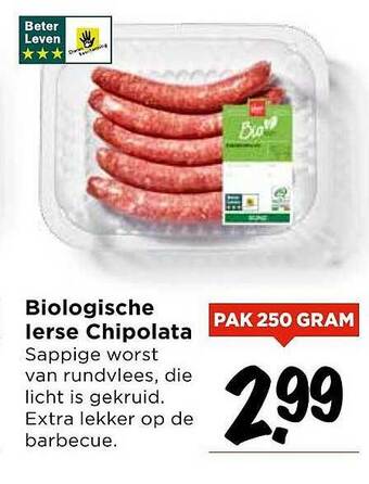 Vomar Voordeelmarkt Biologische Ierse chipolata 250 gram aanbieding