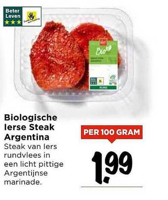 Vomar Voordeelmarkt Biologische Ierse steak argentina 100 gram aanbieding