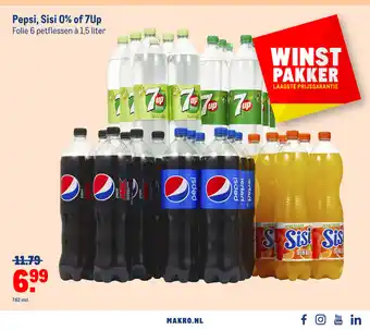 Makro Pepsi, Sisi 0% of 7Up 6 petflessen a 1,5 liter aanbieding