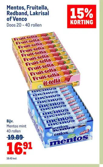 Makro Mentos, Fruitella, Redband, Lakrisal of Venco 20 - 40 rollen aanbieding
