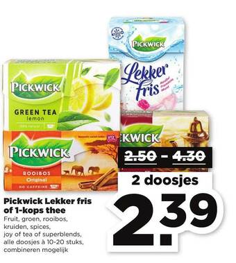 PLUS Pickwick lekker fris of 1-kops thee fruit, groen, rooibos, kruiden, spices, joy of tea of superblends aanbieding