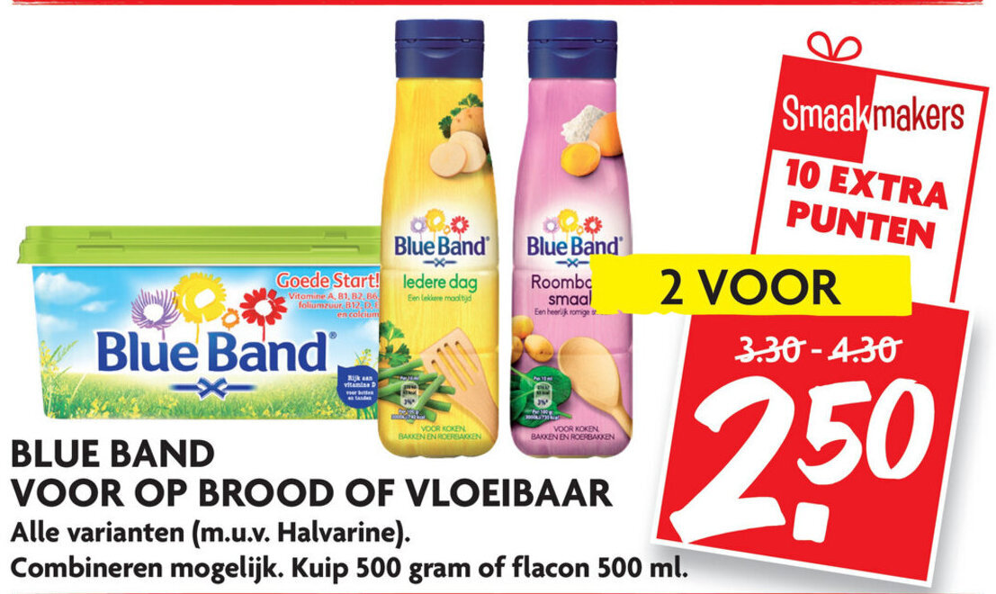 Blue Band voor op brood of vloeibaar 500ml/500g aanbieding bij Dekamarkt