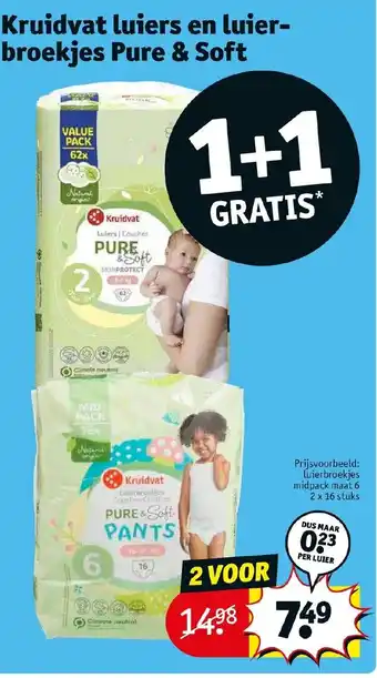 Kruidvat Kruidvat luiers en luier-broekjes pure & soft 1+1 gratis aanbieding