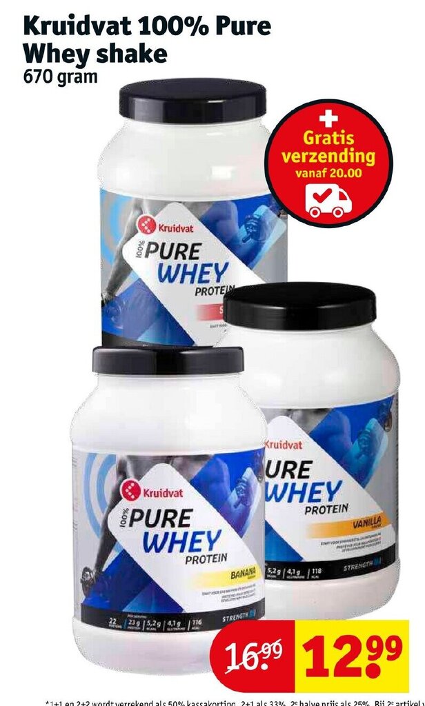 Kruidvat 100 pure whey shake 670g aanbieding bij Kruidvat