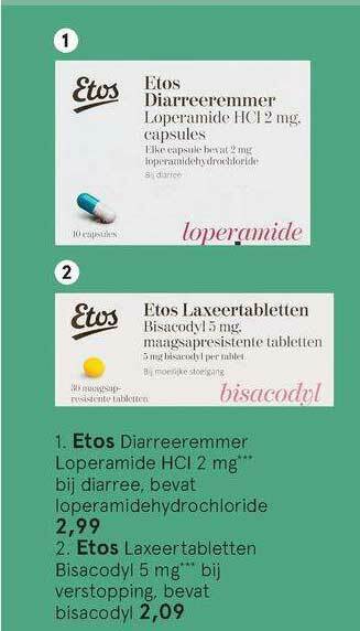 Etos Etos Diarreeremmer Loperamide HCI 2 Mg Of Etos Laxeertabletten Bisacodyl 5 Mg aanbieding