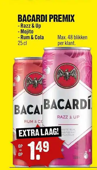 Dirck 3 Bacardi premix : razz & up, mojito of rum & cola aanbieding