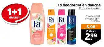 Trekpleister Fa deodorant en douche 1+1 gratis aanbieding