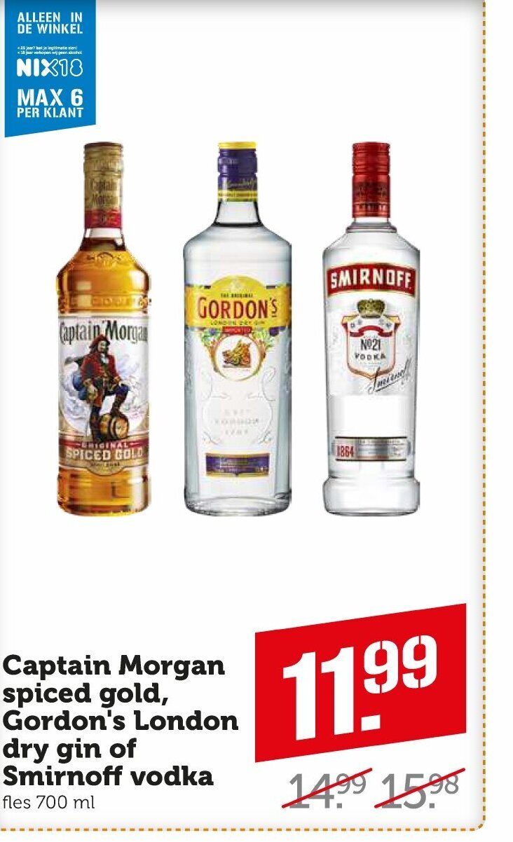 Captain spiced gold, gordon's london dry gin of smirnoff vodka