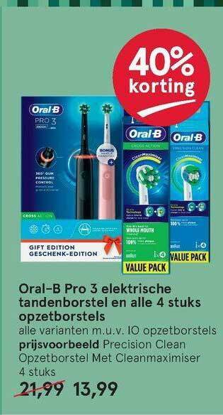 Etos Oral-B Pro 3 Elektrische Tandenborstel En Alle 4 Stuks Opzetborstels 40% Korting aanbieding