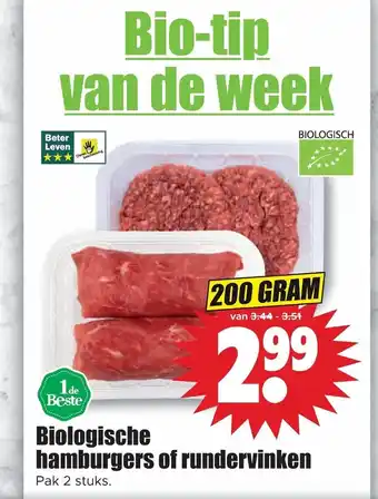 Dirk Biologische hamburgers of rundervinken pak 2 stuks 200 gram aanbieding