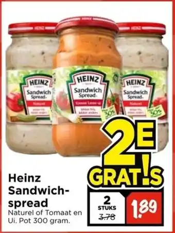 Vomar Voordeelmarkt Heinz sandwich spread naturel of tomaat en ui pot 300 gram aanbieding