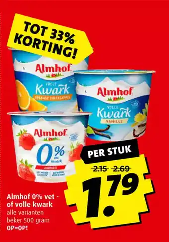 Boni Almhof 0% vet- of volle kwark 500 gram per stuk aanbieding