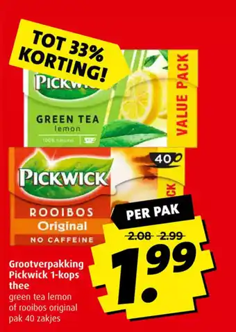 Boni Grootverpakking pickwick 1-kops thee 40 zakjes per pak aanbieding