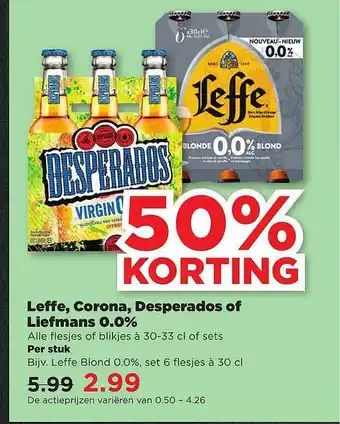 PLUS Leffe, corona, desperados of liefmans 0.0% aanbieding