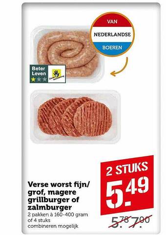 Coop Verse Worst Fijn-Grof, Magere Grillburger Of Zalmburger aanbieding