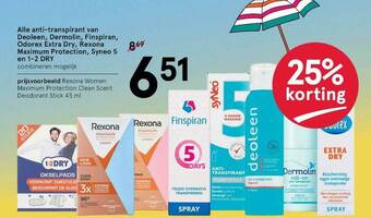 Etos Alle Anti-Transpirant Van Deoleen, Dermolin, Finspiran, Odorex Extra Dry, Rexona Maximum Protection, Syneo 5 En 1-2 Dry 25% K aanbieding