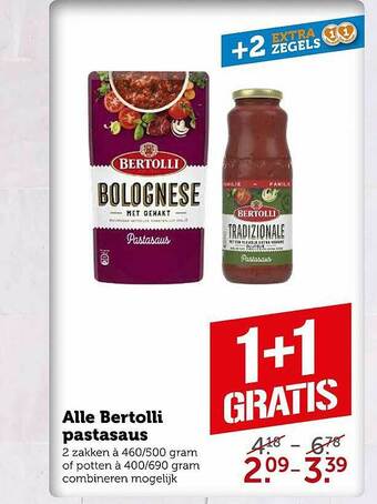 Coop Alle Bertolli Pastasaus 1+1 Gratis aanbieding