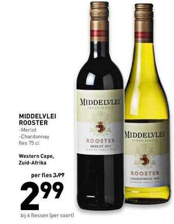 De Kweker Middelvlei Rooster Merlot Of Chardonnay aanbieding