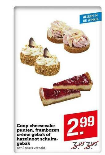 CoopCompact Coop Cheesecake Punte, Frambozen Crème Gebak Of Hazelnoot Schuimgebak aanbieding