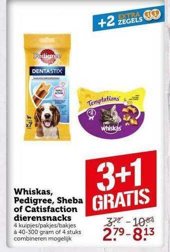 CoopCompact Whiskas, Pedigree, Sheba Of Catisfaction Dierensnacks 3+1 Gratis aanbieding