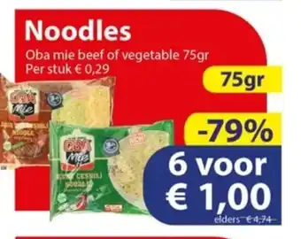 Die Grenze Noodles oba mie beef of vegetable 75g per stuk aanbieding