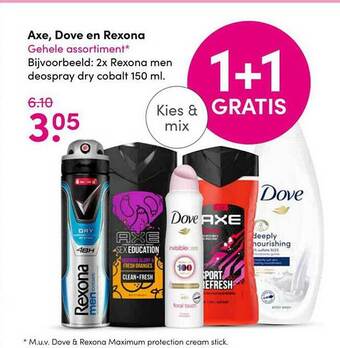 Drogisterij Visser Axe, Dove En Rexona 1+1 Gratis aanbieding