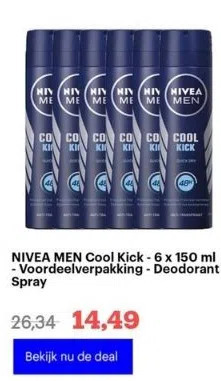 Bol.com Nivea men cool kick - 6 x 150 ml - voordeelverpakking - deodorant spray aanbieding