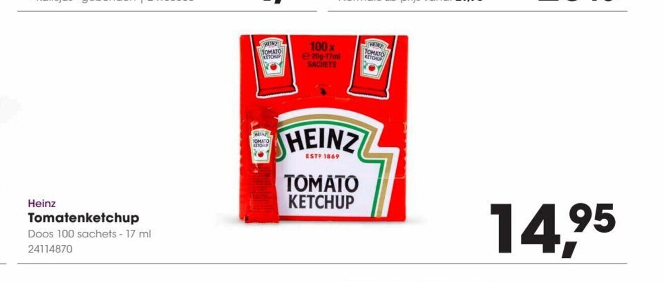 Heinz Tomatenketchup 100 sachets 17 ml aanbieding bij HANOS