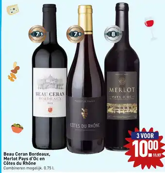 ALDI Beau ceran bordeaux, merlot pays d'oc en cotes du rhone 0.75L aanbieding