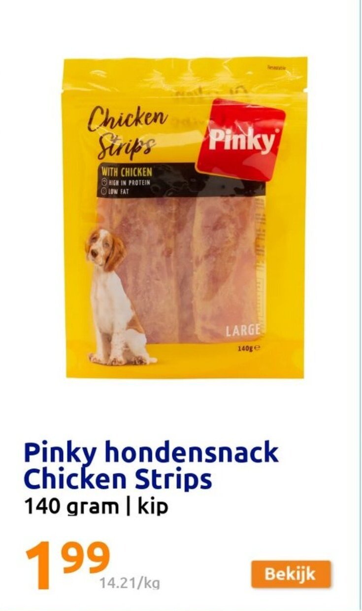 Pinky hondensnack chicken strips 140g aanbieding bij Action