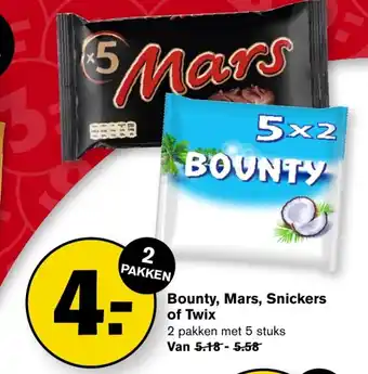 Hoogvliet Bounty, mars, snickers of twix 5 stuks aanbieding