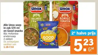 Albert Heijn Alle unox soep in zak 570 ml en good snaCKS 2 zakken aanbieding