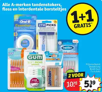 Kruidvat Alle a-merken tandenstokers, floss en interdentale borsteltjes 1+1 gratis aanbieding