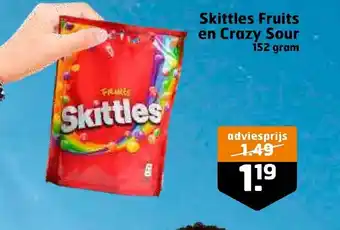 Trekpleister Skittles fruits en crazy sour 152g aanbieding