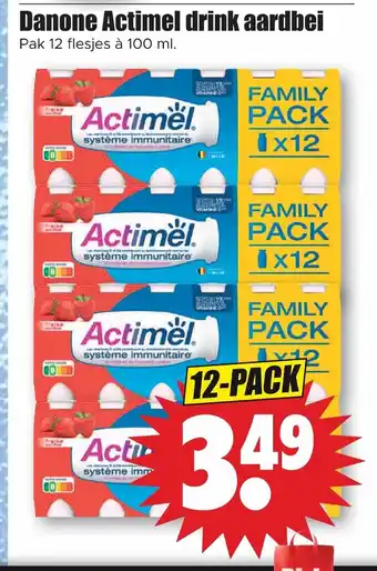 Dirk Danone Actimel drink aardbei 12 flesjes a 100 ml aanbieding