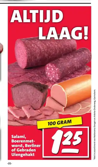 Nettorama Salami, Boerenmet-worst, Berliner of Gebraden Uiengehakt 100 gram aanbieding